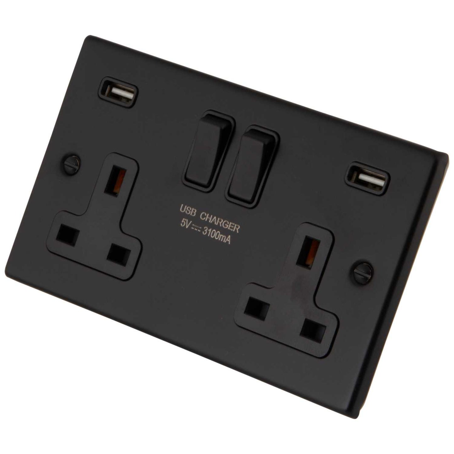 M2 Decorative 13A 2 Gang Switched Socket Twin USB Outlets Black Insert Painted Matt Black