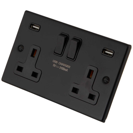 M2 Decorative 13A 2 Gang Switched Socket Twin USB Outlets Black Insert Painted Matt Black