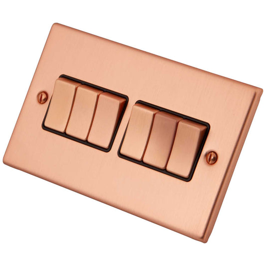 M2 Decorative 10A 6 Gang 2 Way Light Switch Black Insert Copper