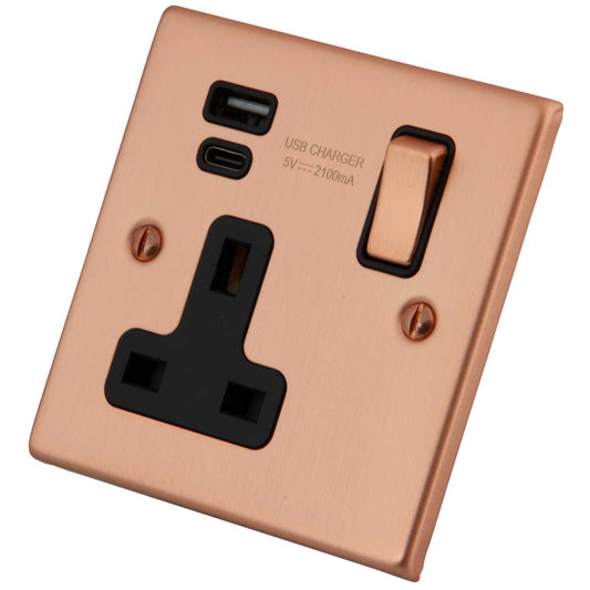 M2 Decorative 13A 1 Gang Socket with 1 x Type A and 1 x Type C USB Black Insert Copper