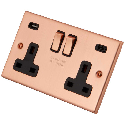 M2 Decorative 13A 2 Gang Socket with 1 x Type A and 1 x Type C USB Outlets Black Insert Copper