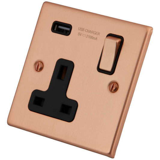 M2 Decorative 13A 1 Gang Switched Socket with USB Outlet Black Insert Copper