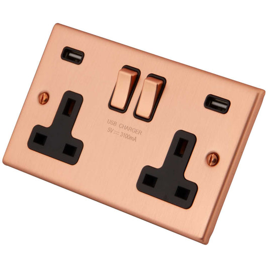 M2 Decorative 13A 2 Gang Switched Socket Twin USB Outlets Black Insert Copper