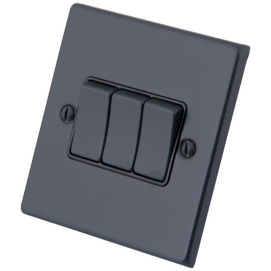 M2 Decorative 10A 3 Gang 2 Way Light Switch Black Insert Granite Blue