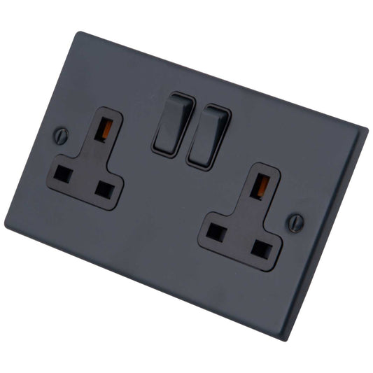 M2 Decorative 13A 2 Gang Double Switched Socket Black Insert Granite Blue