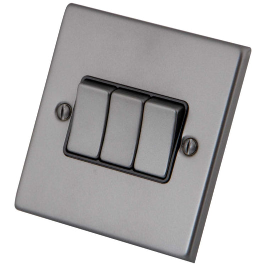 M2 Decorative 10A 3 Gang 2 Way Light Switch Black Insert Gunmetal