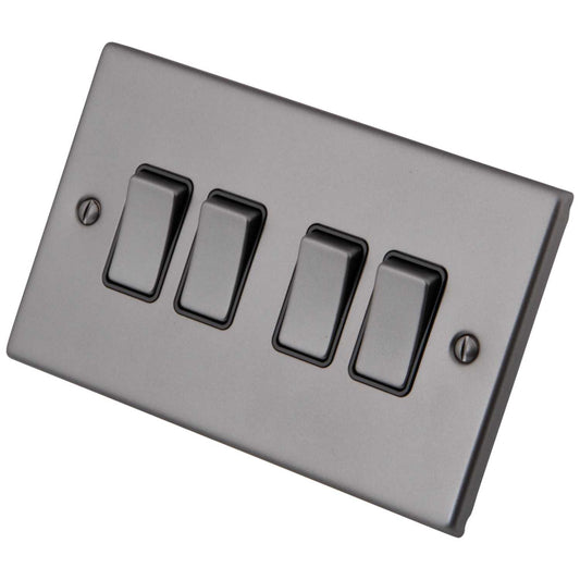 M2 Decorative 10A 4 Gang 2 Way Light Switch Black Insert Gunmetal