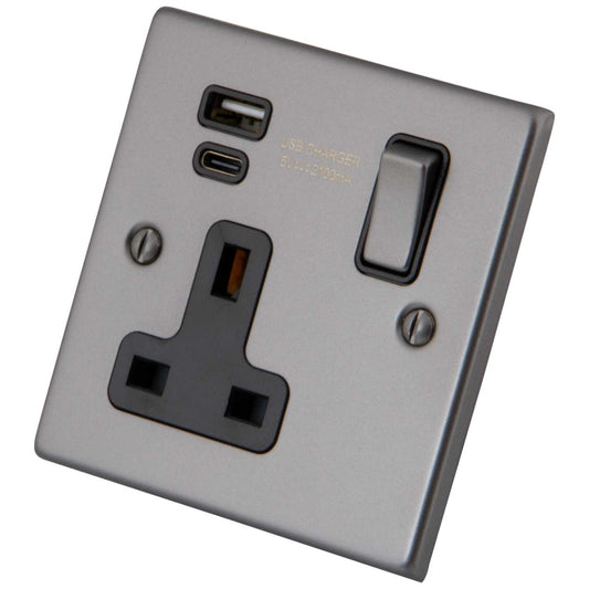 M2 Decorative 13A 1 Gang Socket with 1 x Type A and 1 x Type C USB Black Insert Gunmetal