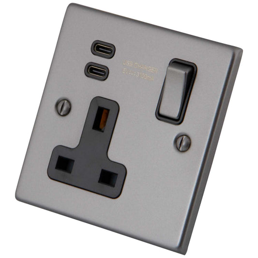 M2 Decorative 13A 1 Gang Switched Socket with 2 x Type C USB Outlets Black Insert Gunmetal
