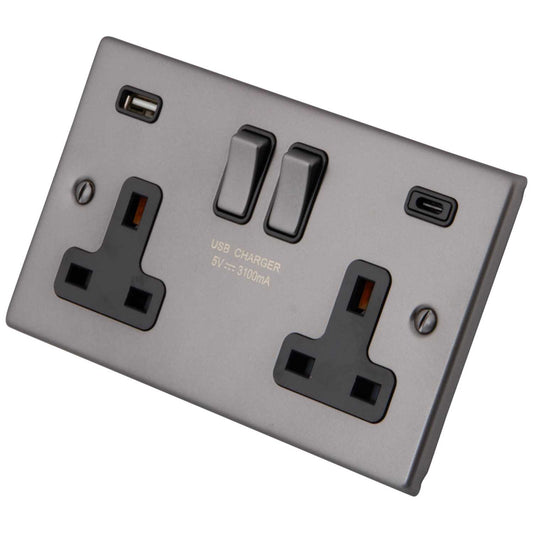 M2 Decorative 13A 2 Gang Socket with 1 x Type A and 1 x Type C USB Black Insert Gunmetal