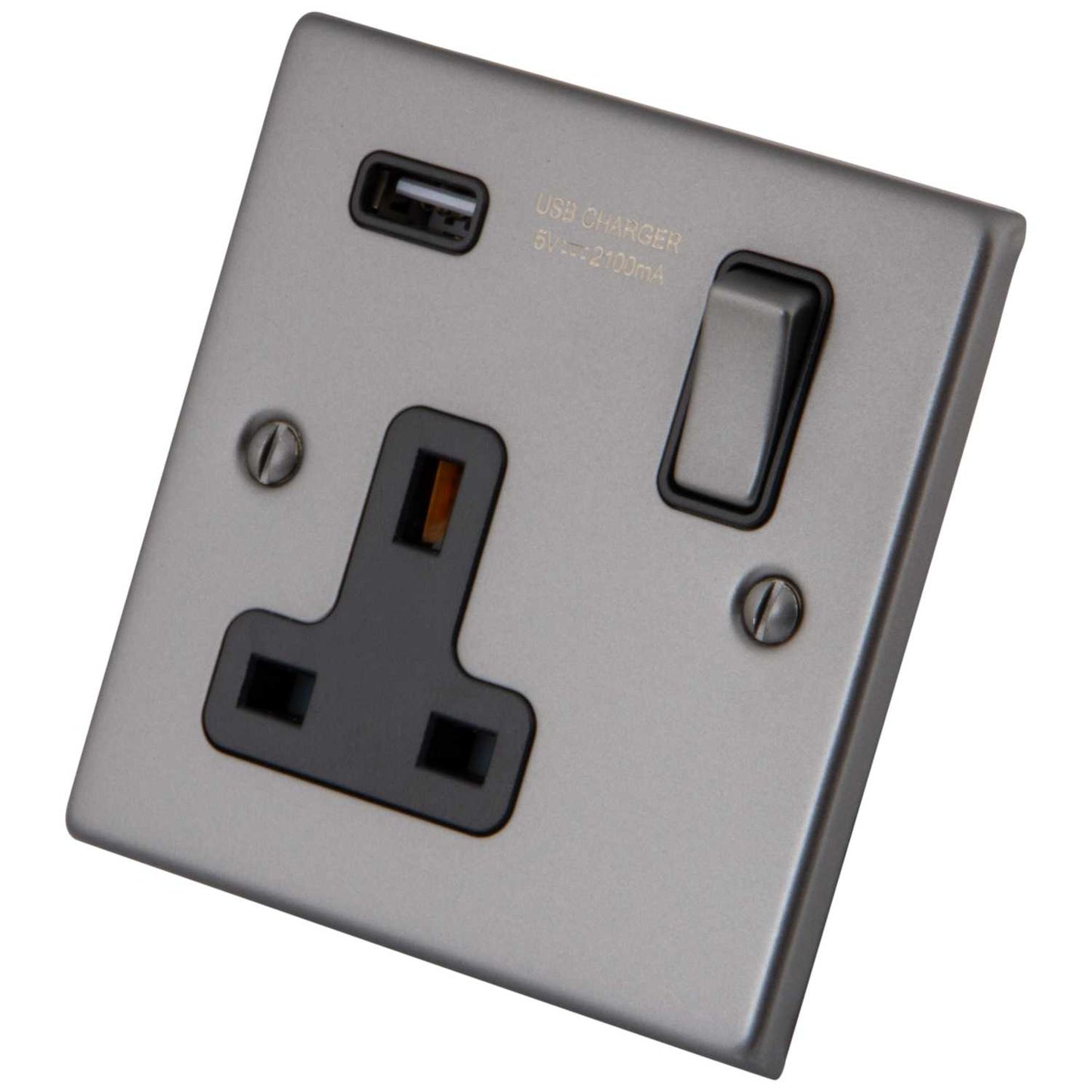 M2 Decorative 13A 1 Gang Switched Socket with USB Outlet Black Insert Gunmetal