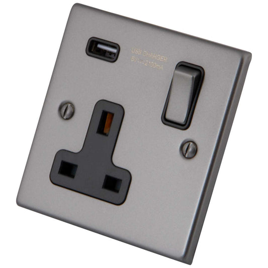 M2 Decorative 13A 1 Gang Switched Socket with USB Outlet Black Insert Gunmetal