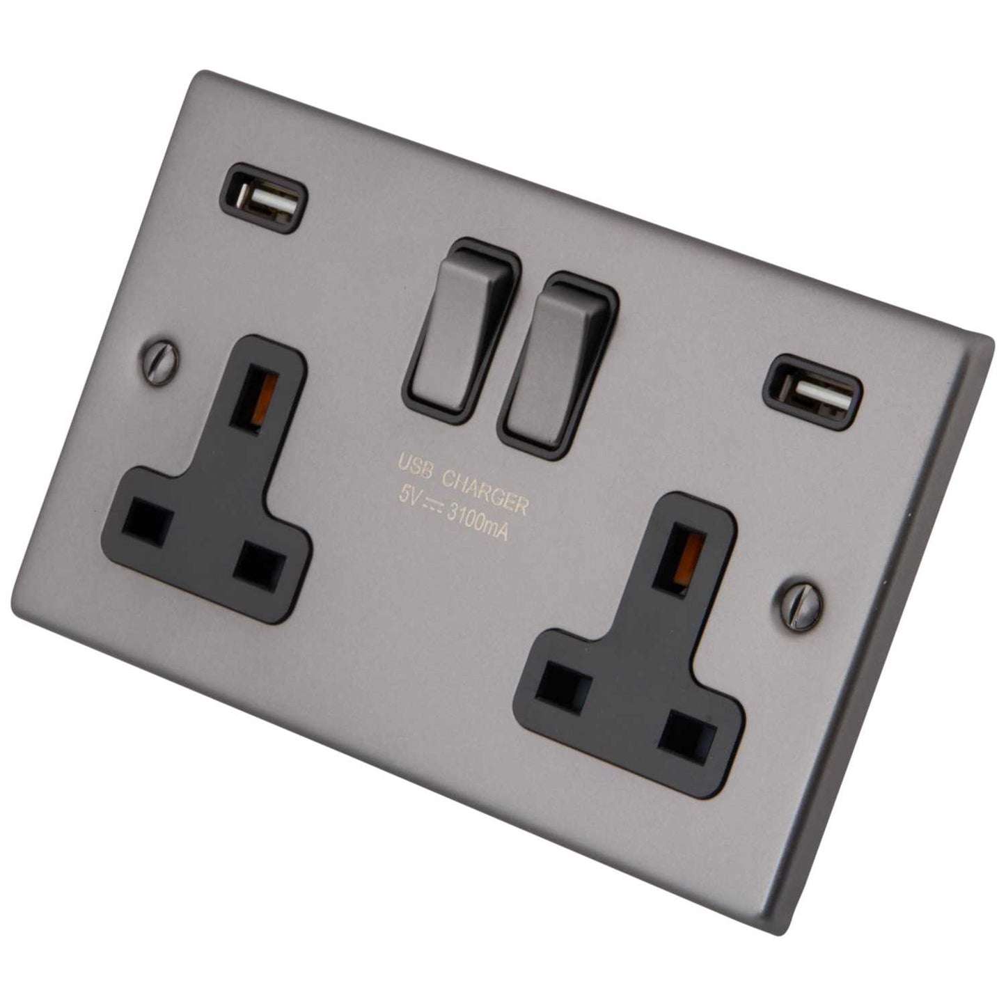 M2 Decorative 13A 2 Gang Switched Socket Twin USB Black Insert Gunmetal