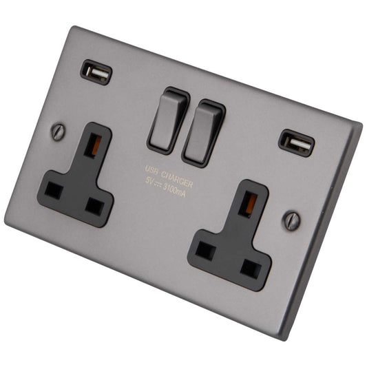 M2 Decorative 13A 2 Gang Switched Socket Twin USB Black Insert Gunmetal