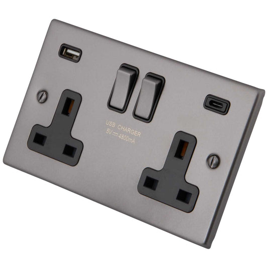 M2 Decorative 13A 2 Gang Socket with 1 x Type A and 1 x Type C USB Black Insert Gunmetal