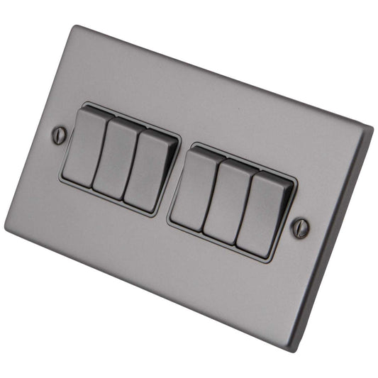 M2 Decorative 10A 6 Gang 2 Way Light Switch Grey Insert Gunmetal