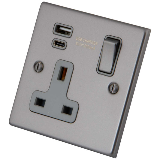 M2 Decorative 13A 1 Gang Socket with 1 x Type A 1 x Type C USB Grey Insert Gunmetal
