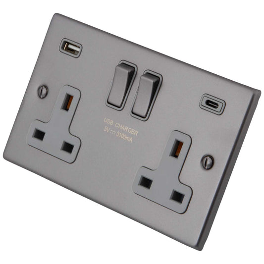 M2 Decorative 13A 2 Gang Socket with 1 x Type A and 1 x Type C USB Grey Insert Gunmetal