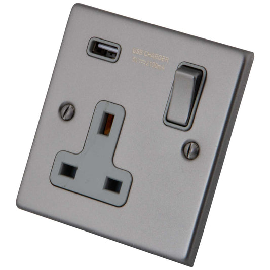 M2 Decorative 13A 1 Gang Switched Socket with USB Outlet Grey Insert Gunmetal