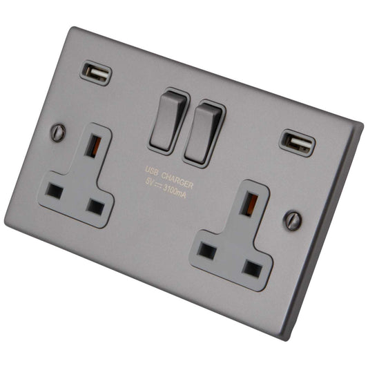 M2 Decorative 13A 2 Gang Switched Socket Twin USB Grey Insert Gunmetal