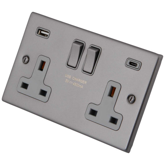 M2 Decorative 13A 2 Gang Socket with 1 x Type A and 1 x Type C USB Grey Insert Gunmetal