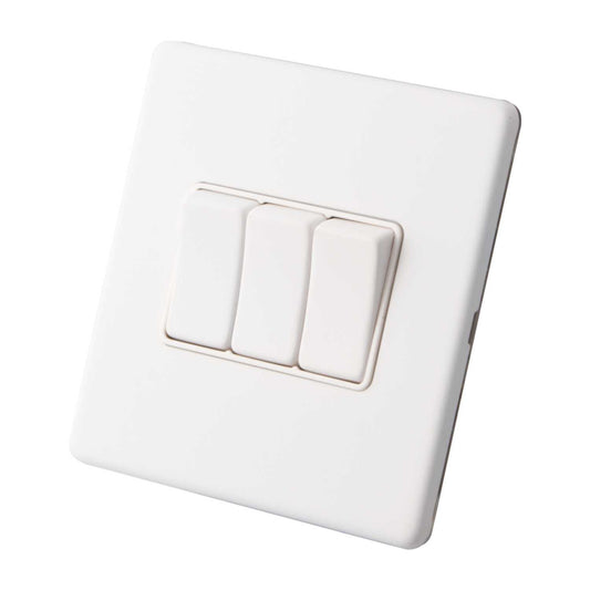 M2 Decorative Screwless 10A 3 Gang 2 Way Light Switch White Insert Painted Matt White