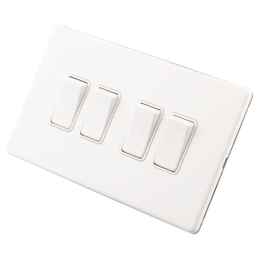M2 Decorative Screwless 10A 4 Gang 2 Way Light Switch White Insert Painted Matt White
