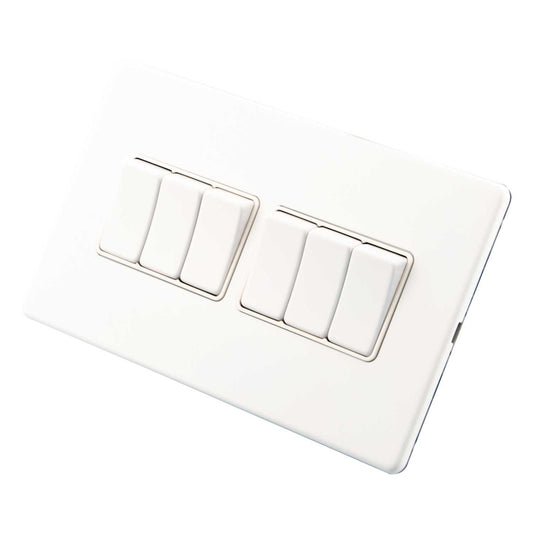 M2 Decorative Screwless 10A 6 Gang 2 Way Light Switch White Insert Painted Matt White