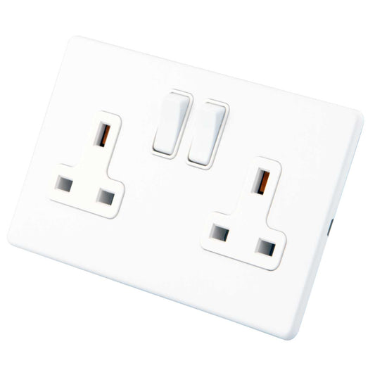 M2 Decorative Screwless 13A DP 2 Gang Switched Socket White Insert Painted Matt White