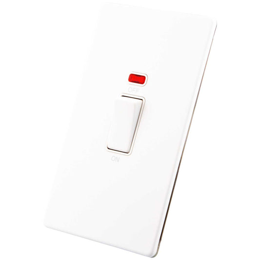 M2 Decorative Screwless 45A DP 2 Gang Vertical Switch with Neon White Insert Painted Matt White