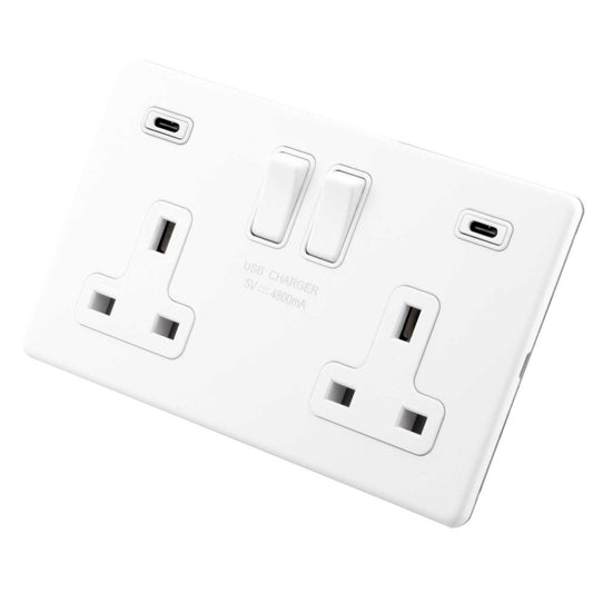 M2 Decorative Screwless 13A 2 Gang Switched Socket with 2 x Type C USB White Insert Painted Matt White