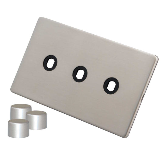 M2 Decorative Screwless 3 Gang Unfurnished Dimmer Plate and Knobs Brushed Stainless Steel