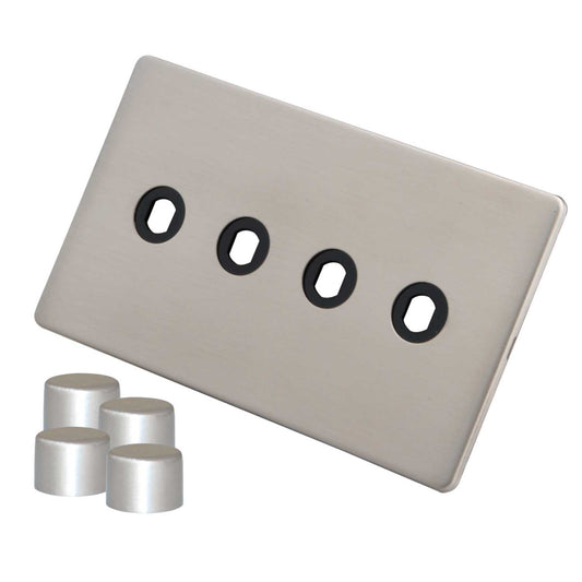 M2 Decorative Screwless 4 Gang Unfurnished Dimmer Plate and Knobs Brushed Stainless Steel