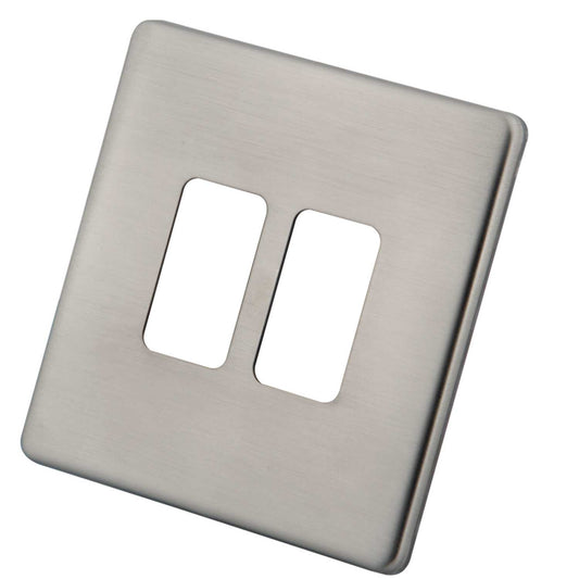 M2 Decorative Screwless 2 Gang Grid Front Plate Brushed Stainless Steel