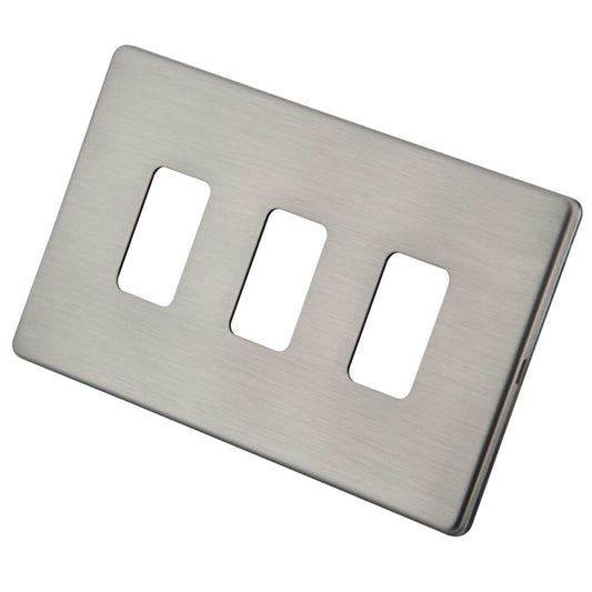 M2 Decorative Screwless 3 Gang Grid Front Plate Brushed Stainless Steel
