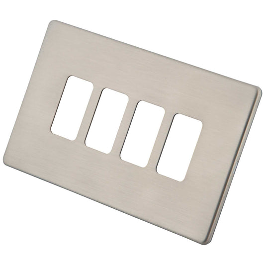 M2 Decorative Screwless 4 Gang Grid Front Plate Brushed Stainless Steel