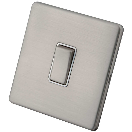 M2 Decorative Screwless 10A 1 Gang 2 Way Light Switch White Insert Brushed Stainless Steel