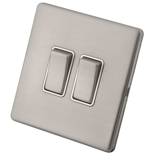 M2 Decorative Screwless 10A 2 Gang 2 Way Light Switch White Insert Brushed Stainless Steel