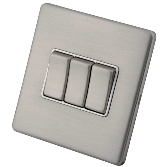 M2 Decorative Screwless 10A 3 Gang 2 Way Light Switch White Insert Brushed Stainless Steel