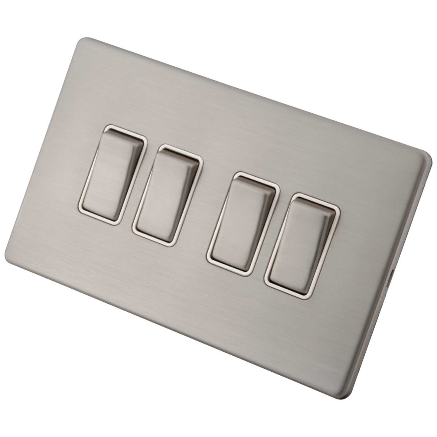 M2 Decorative Screwless 10A 4 Gang 2 Way Light Switch White Insert Brushed Stainless Steel