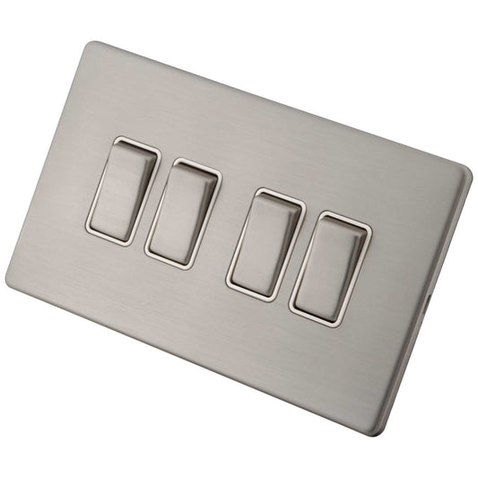 M2 Decorative Screwless 10A 4 Gang 2 Way Light Switch White Insert Brushed Stainless Steel