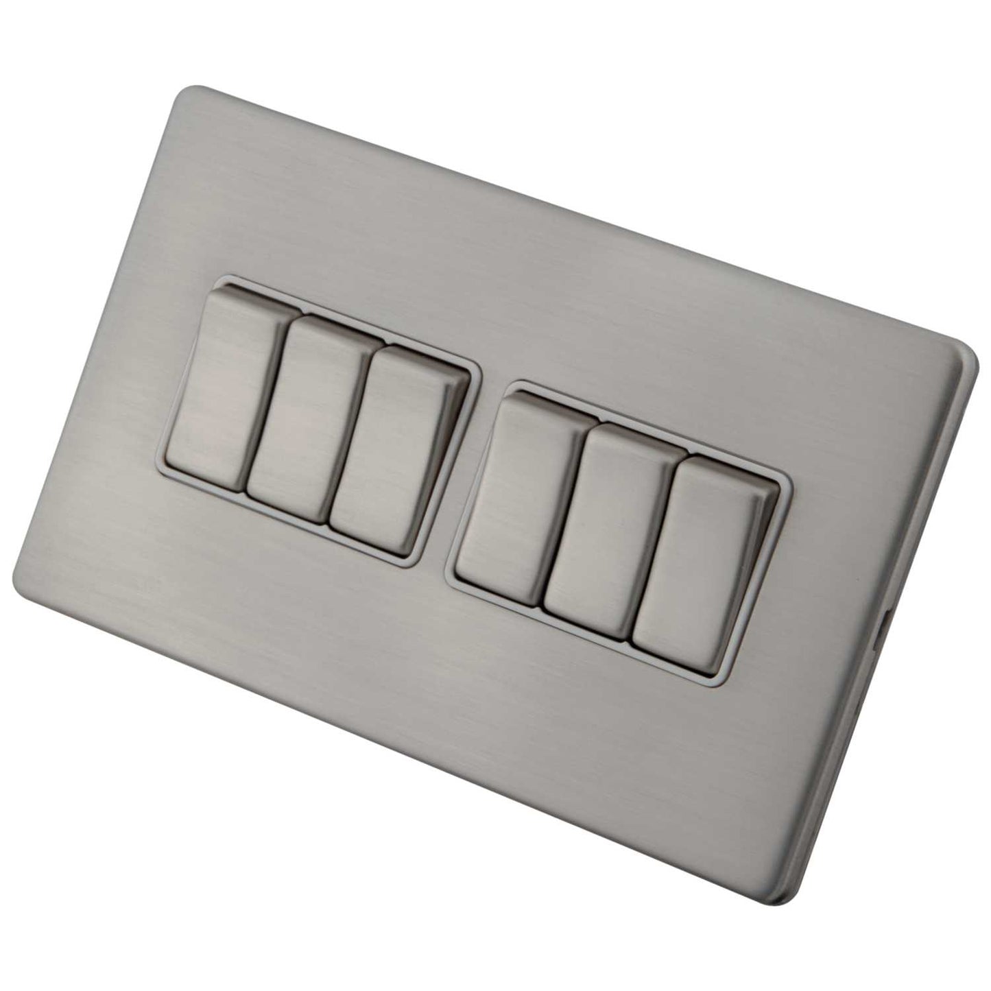 M2 Decorative Screwless 10A 6 Gang 2 Way Light Switch White Insert Brushed Stainless Steel