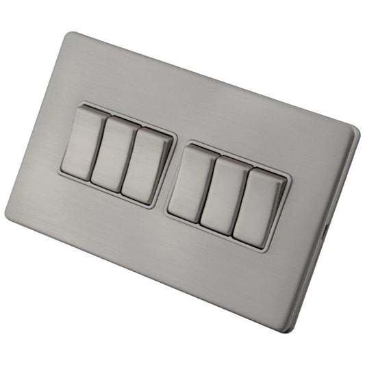 M2 Decorative Screwless 10A 6 Gang 2 Way Light Switch White Insert Brushed Stainless Steel