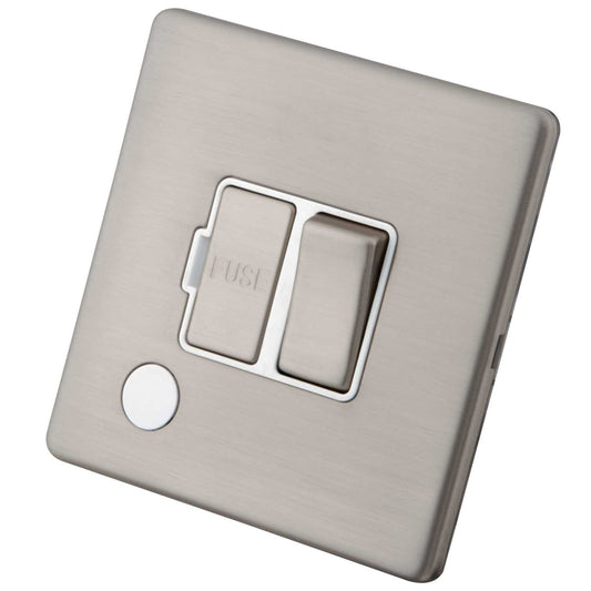 M2 Decorative Screwless 13A Switched Fused Spur with F/Outlet White Insert Brushed Stainless Steel