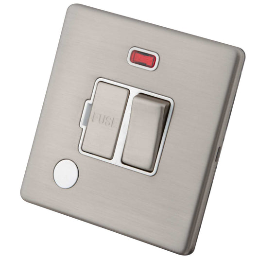 M2 Decorative Screwless 13A Switched Fused Spur with Neon and F/Outlet White Insert Brushed Stainless