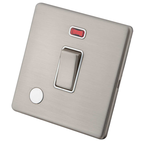 M2 Decorative Screwless 20A DP Switch with Neon and F/Outlet White Insert Brushed Stainless Steel