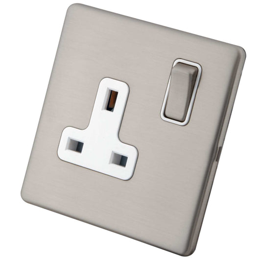 M2 Decorative Screwless 13A DP 1 Gang Switched Socket White Insert Brushed Stainless Steel