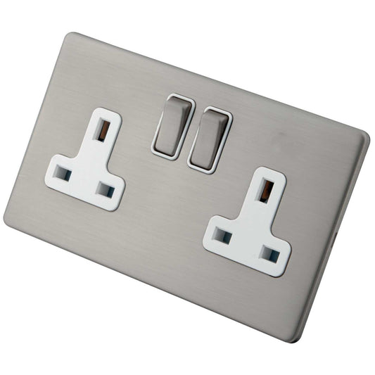 M2 Decorative Screwless 13A DP 2 Gang Switched Socket White Insert Brushed Stainless Steel