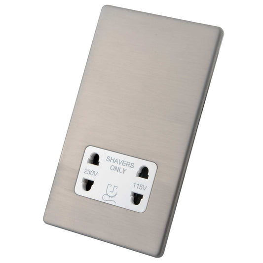 M2 Decorative Screwless Dual Voltage Shaver Socket White Insert Brushed Stainless Steel