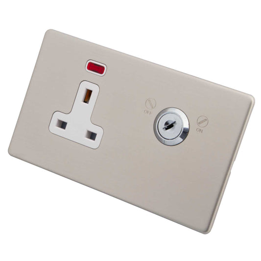 M2 Decorative Screwless 13A DP Key Lockable Socket White Insert Brushed Stainless Steel